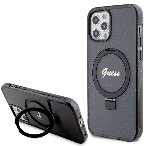 Guess GUHMP12MHRSGSK iPhone 12/12 Pro 6.1" czarny/black hardcase Ring Stand Script Glitter MagSafe