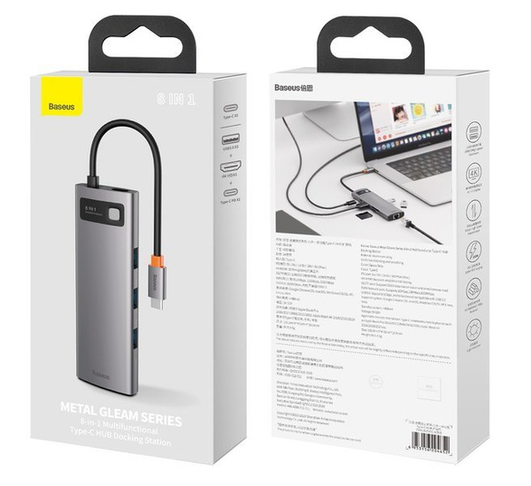 HUB Baseus Metal Gleam 8w1 USB-C - USB-C PD 100W 1x HDMI 4K 30Hz 1x czytnik kart SD i microSD 3x USB-A 3.2 1xRJ45 - szary