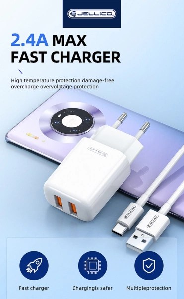 JELLICO wall charger EU02 2.4A 12W 2xUSB + cable Lightning White
