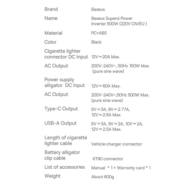 Baseus samochodowa przetwornica inwerter prądu 150W 12V / 500W 220V (wtyczka EU i CN) czarny (CGNB000101)