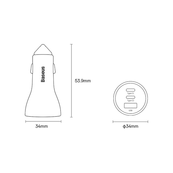 BASEUS GOLDEN CONTACTOR PRO USB-A CAR CHARGER + 2X USB-C 65W BLUE (CGJP010003)