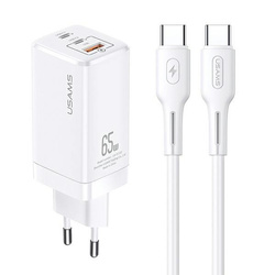 USAMS ŁAD. SIEC. MT 2XUSB-C+USB GAN 65W T33 PD + KABEL USB-C-USB-C 100W FAST CHARGING BIAŁY /WHITE MTXLOGTC02