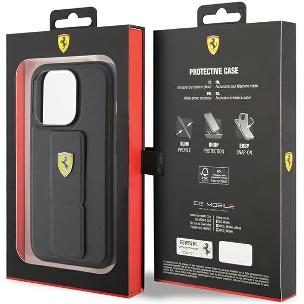 Ferrari Grip Stand Metal Logo case for iPhone 15 Pro Max - black