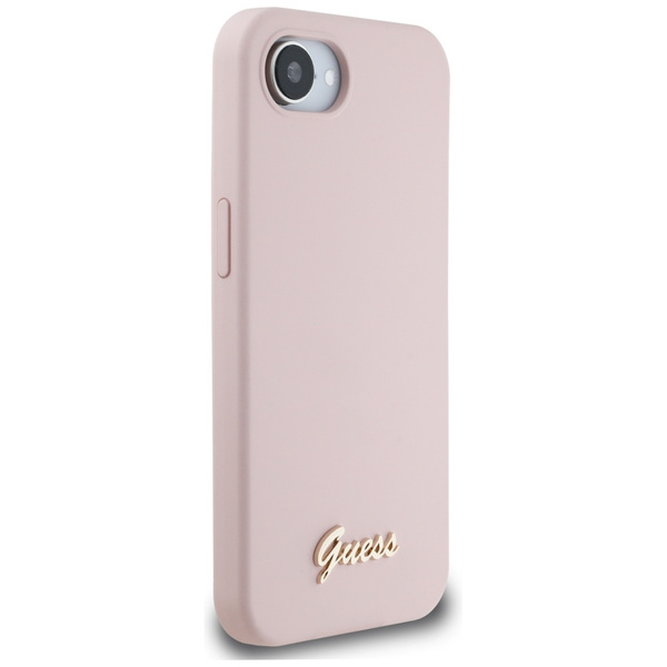 Etui Guess Silicone Script Metal Logo    MagSafe do iPhone 16e różowy