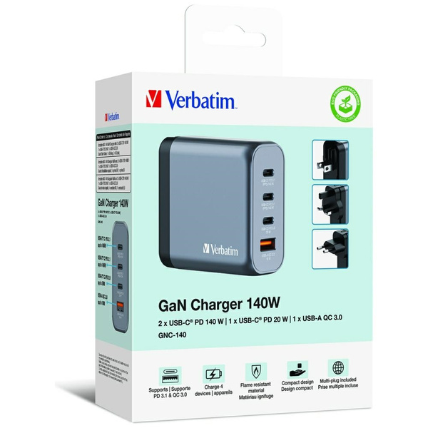 Verbatim Ładowarka sieciowa GaN 140W3xUSB-C/USB-A + Adapter EU/UK/US GNC-140 32203