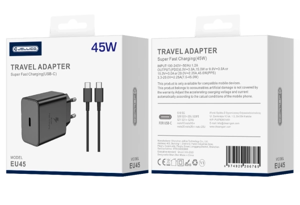 JELLICO ładowarka sieciowa EU45 GaN PD 45W 1xUSB-C + kabel USB-C - USB-C Czarny