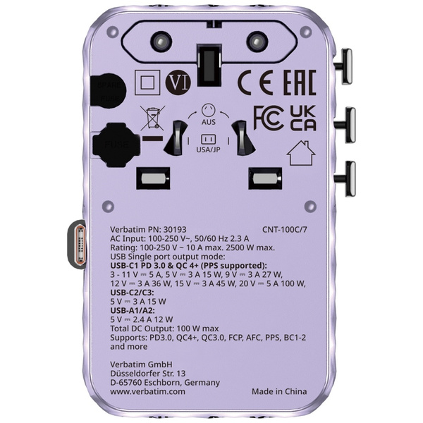 Verbatim Adapter podróżny EU/UK/US GaN   2xUSB-C/2xUSB-A/1xUSB-C PD 100W fioletowy 30193