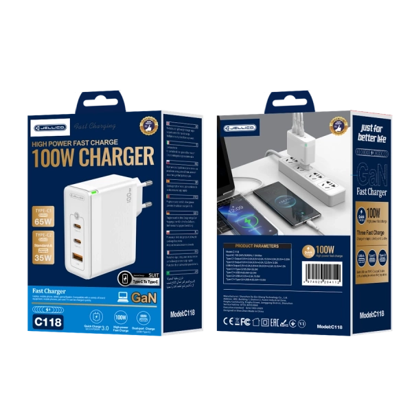 JELLICO ładowarka sieciowa C118 GaN PD 100W 2xUSB-C + 1xUSB QC3.0 + kabel USB-C - USB-C Biały