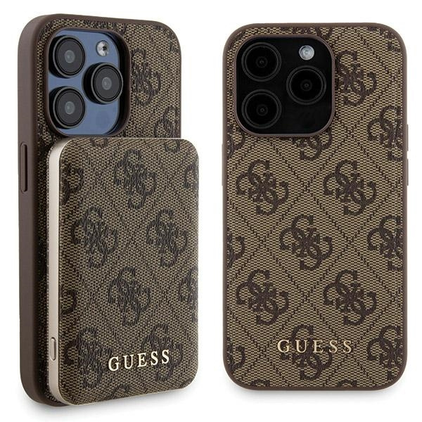 Zestaw Guess GUBPM5P15L4GEMGW iPhone15 Pro 6.1" hardcase + Powerbank 5000mAh MagSafe brązowy/brown 4G Metal Logo