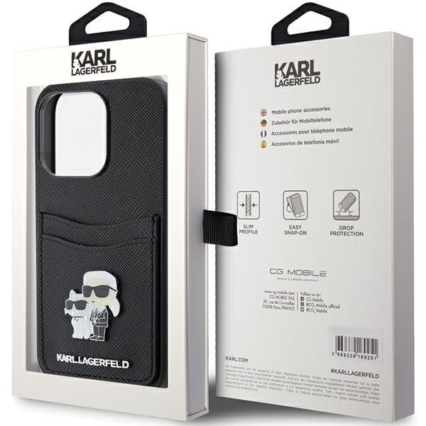 Karl Lagerfeld Saffiano Cardslot Karl&amp;Choupette Metal Pin case for iPhone 15 Pro - black