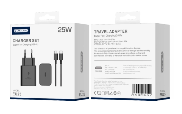 JELLICO wall charger EU25 PD 25W 1xUSB-C + cable USB-C - USB-C Black