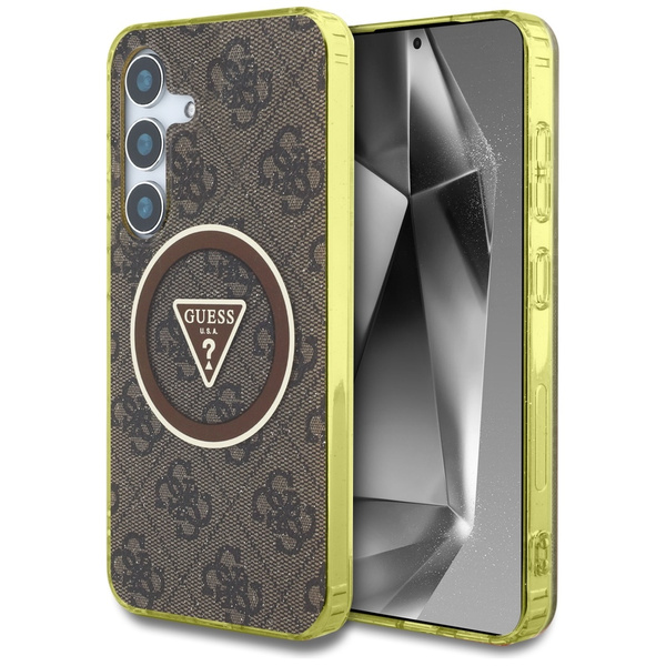 Etui Guess 4G Glitter Triangle Buttons   MagSafe do Samsung Galaxy S25 brązowy