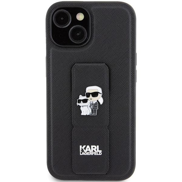 Etui Karl Lagerfeld Gripstand Saffiano Karl&Choupette Pins na iPhone 15 - czarne