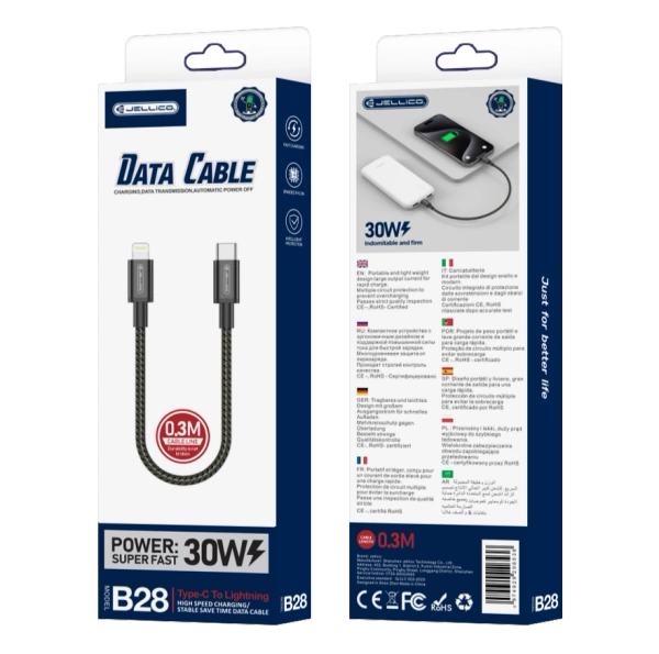 JELLICO cable B28 USB-C - Lightning PD 30W 0.3M Black