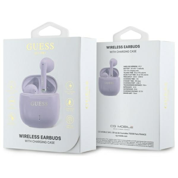 Guess słuchawki Bluetooth GUTWSJ14ESGU   TWS + stacja dokująca fioletowy/purple Printed Classic Logo