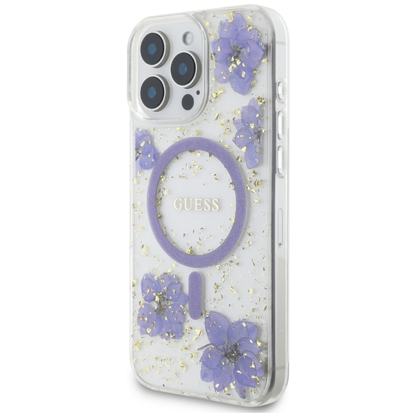 Etui Guess Resin Flowers MagSafe do iPhone 16 Pro fioletowy
