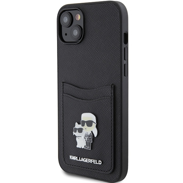 Karl Lagerfeld Saffiano Cardslot Karl&amp;Choupette Metal Pin case for iPhone 15 - black