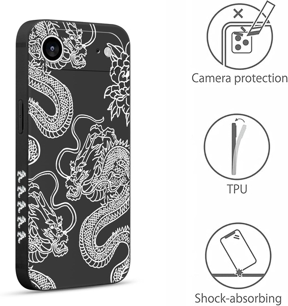 Etui Pnakqil iPhone 17 Pro, czarne silikonowe, orientalny smok tattoo pudełko