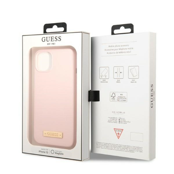 Guess GUHMP13MSBPLP iPhone 13 / 14 / 15 6.1" różowy/pink hard case Silicone Logo Plate MagSafe