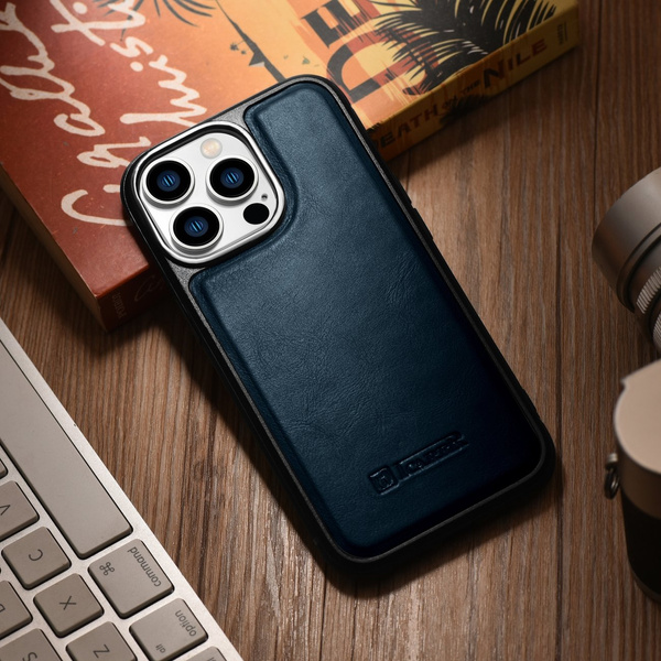 iCarer Leather Oil Wax etui iPhone 14 Pro Max skórzany pokrowiec niebieskie (WMI14220720-BU)