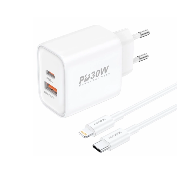 FONENG ładowarka sieciowa EU52 PD 30W 1xUSB-C + 1xUSB QC3.0 + kabel USB-C - Lightning Biały
