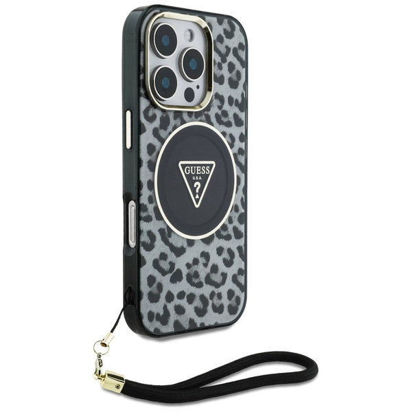 Etui Guess HC IML Leopard Triangle Cord  Strap do iPhone 16 Pro MagSafe czarny