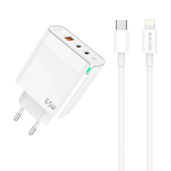 JELLICO ładowarka sieciowa C79 GaN PD 65W 2xUSB-C + 1xUSB QC3.0 + kabel USB-C - Lightning Biały