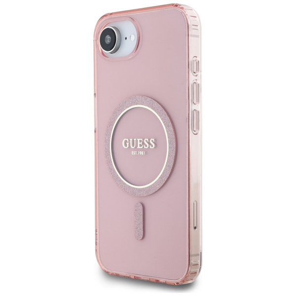 Etui Guess IML Glitter Circle MagSafe do iPhone 16e różowy
