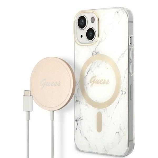 Zestaw Guess GUBPP14MHMEACSH Case+ Charger iPhone 14 Plus / 15 Plus 6.7" biały/white hard case Marble MagSafe