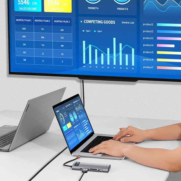 HUB Baseus Metal Gleam 9w1 USB-C - 3x USB 3.2 Gen 1 / USB-C PD 100W / VGA / HDMI / czytnik kart TF, SD / RJ45 - szary (CAHUB-CU0G)