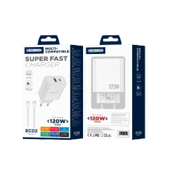 JELLICO ładowarka sieciowa multi-kompatybilna EC02 PD 120W 1xUSB-C + 1xUSB QC3.0 + kabel USB-C - USB-C Biały