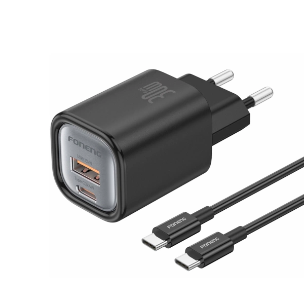 FONENG ładowarka sieciowa EU71 PD 30W 1xUSB-C + 1xUSB QC3.0 + kabel USB-C - USB-C Czarny