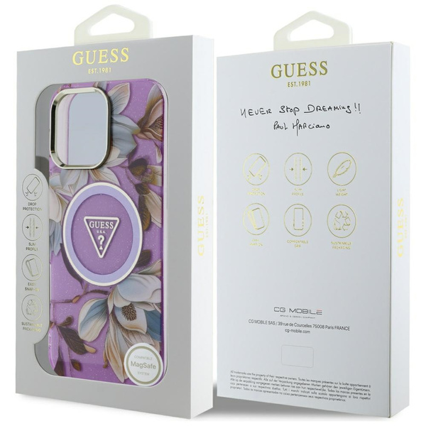Etui Guess Glitter Flowers Triangle Buttons MagSafe do iPhone 16 Pro Max fioletowy