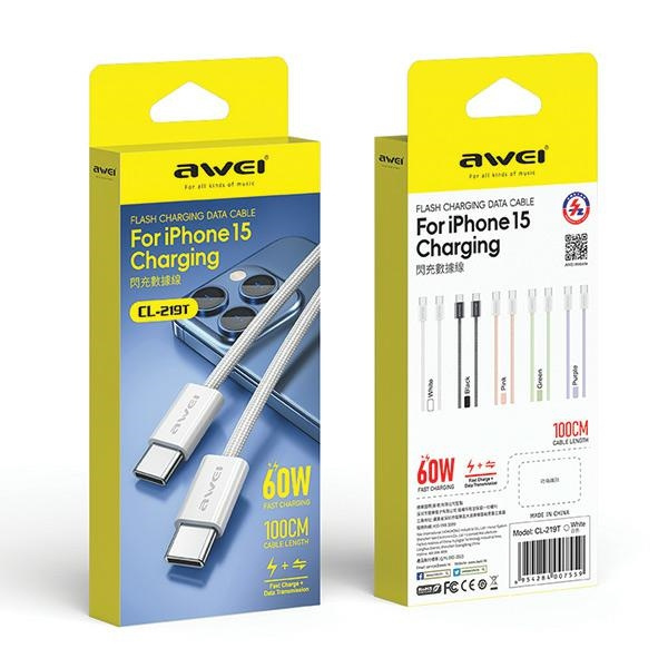 AWEI kabel CL-219T USB-C na USB-C60W czarny/black iPhone 15