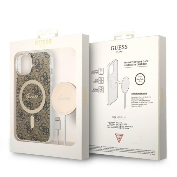 Zestaw Guess GUBPP14MH4EACSW Case+ Charger iPhone 14 Plus / 15 Plus 6.7" brązowy/brown hard case 4G Print MagSafe
