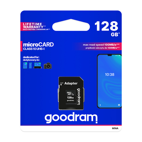 Goodram Microcard 128 GB micro SD XC UHS-I class 10 memory card, SD adapter (M1AA-01280R12)