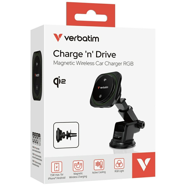 Uchwyt samochodowy z ładowarką           bezprzewodową Verbatim n Drive Qi2 15W RGB CND-01 czarny/black 31860