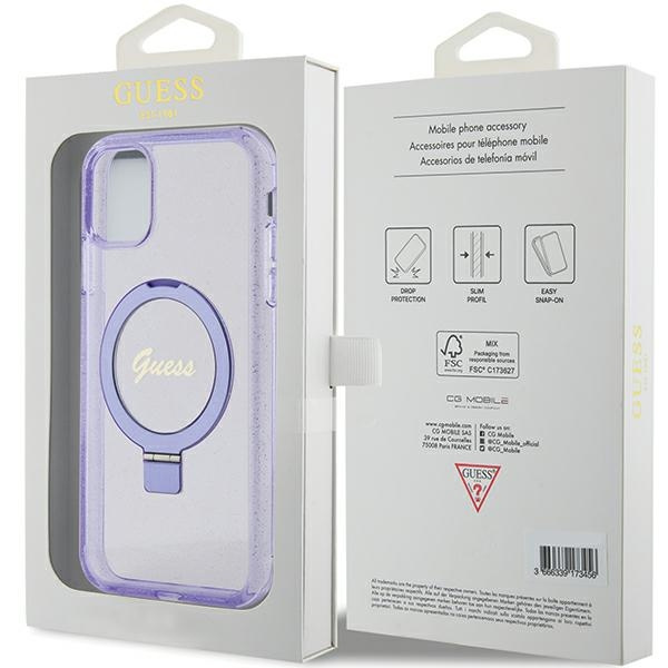 Guess GUHMN61HRSGSU iPhone 11 / Xr 6.1" fioletowy/purple hardcase Ring Stand Script Glitter MagSafe