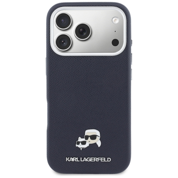Etui Karl Lagerfeld Karl & Choupette Head Pins Saffiano MagSafe do iPhone 17 Pro Max niebieski