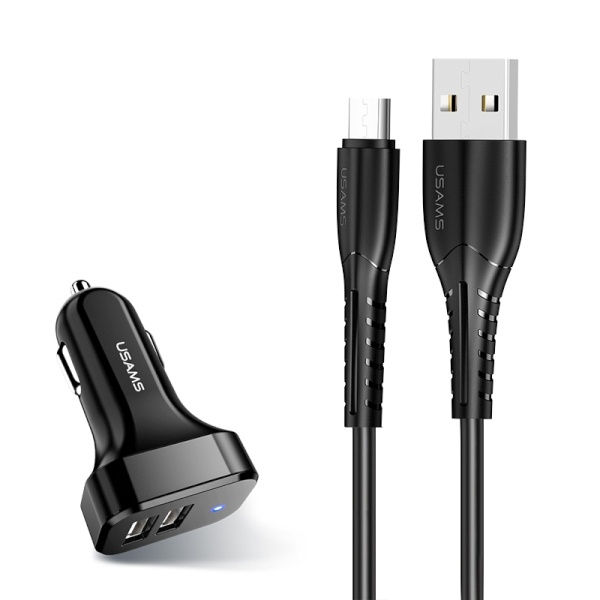 USAMS CAR CHARGER 2XUSB C13 2.1A MICRO USB BLACK