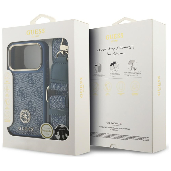 Etui Guess 4G Strass Logo & Big Strap    Metal Buttons MagSafe do iPhone 17 Pro niebieski