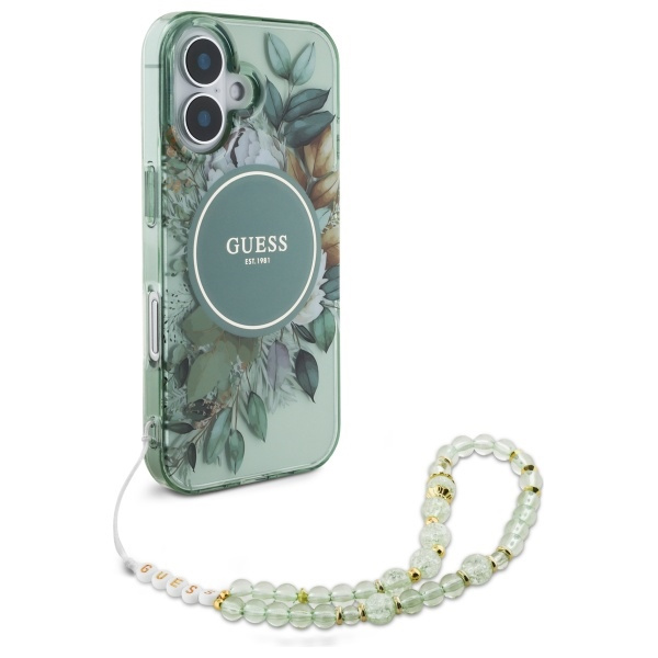 Guess GUHMP16MHFWBRCESN iPhone 16 Plus6.7" zielony/green hardcase IML Flowers With Pearl Strap MagSafe