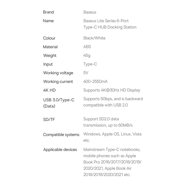Baseus Lite Series wielofunkcyjny HUB USB Typ C - 2 x USB 3.0 / USB Typ C / HDMI 1,4 / SD/TF OTG czarny (WKQX050001)