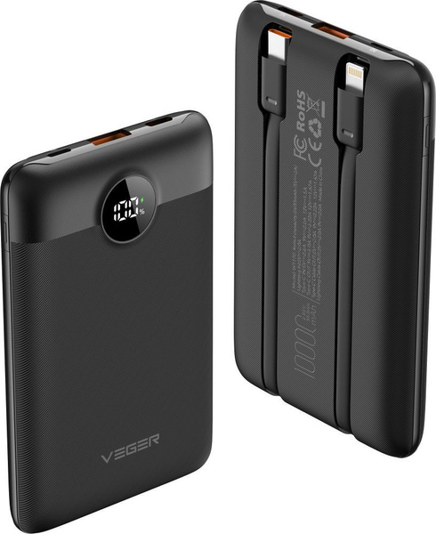 VEGER powerbank 10000 mAh z wbudowanymi kablami Typ C / Lightning PD QC3.0 2A 22,5W C11 (W1170) czarny