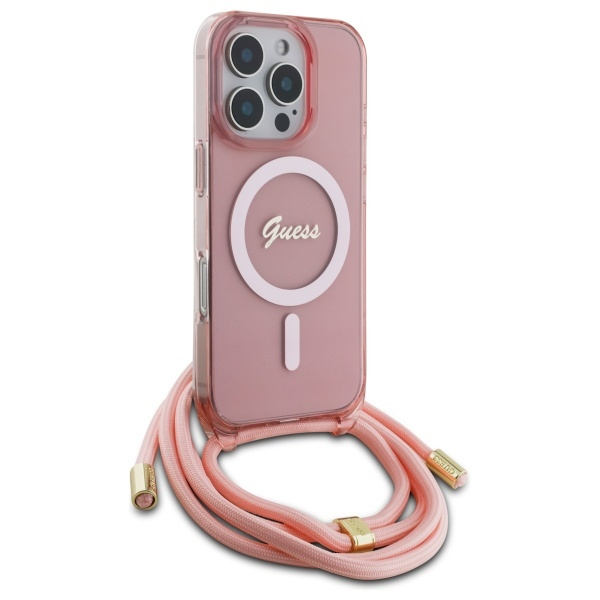 Guess GUHMP16LHCTSGNSP iPhone 16 Pro     6.3" różowy/pink hardcase Crossbody Cord Script MagSafe