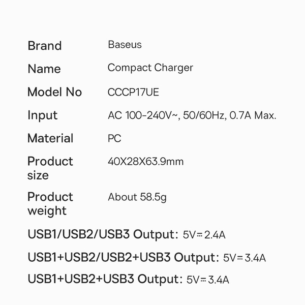Baseus ładowarka sieciowa Compact 3 x USB czarna 17W