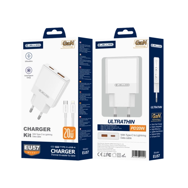 JELLICO ładowarka sieciowa EU57 PD 20W 1xUSB-C + 1xUSB QC3.0 + kabel USB-C - Lightning Biały