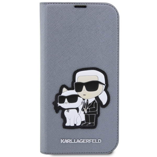 Etui Karl Lagerfeld Saffiano Karl&Choupette na iPhone 14 Pro - srebrne