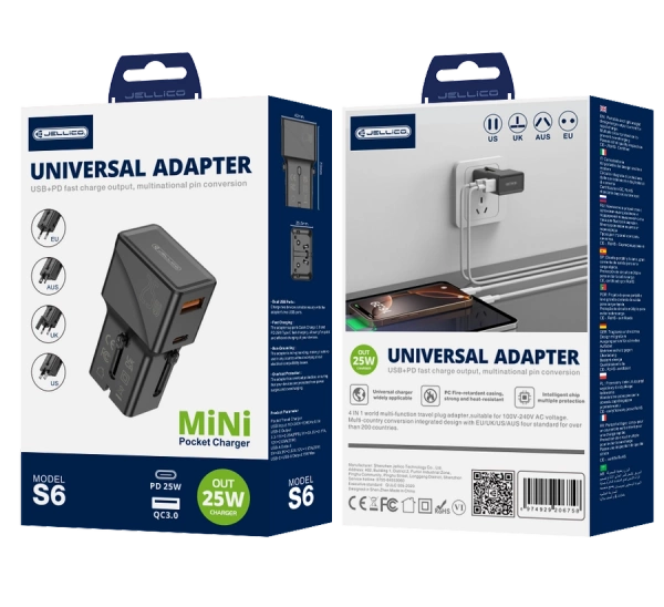 JELLICO uniwersalny adapter podróżny S6 PD 25W 1xUSB-C + 1xUSB QC3.0 Czarny