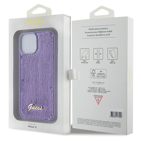 GUESS GUHCP15SPSFDGSU IPHONE 15 / 14 / 13 6.1" FIOLETOWY/PURPLE HARDCASE SEQUIN SCRIPT METAL